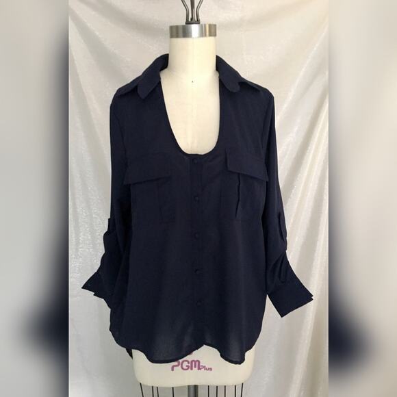 Double Zero Navy Blue Black High Low Semi Sheer Button Shirt M - Picture 5 of 10